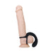 Black vibrating ball cradle with double ring design displayed on a realistic silicone model.