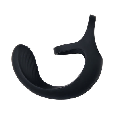 Black silicone vibrating ball cradle with dual loops and textured surface for enhanced comfort and stimulation.