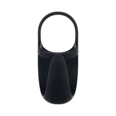 Black silicone vibrating ball cradle with double loop design for secure fit and ergonomic shape.