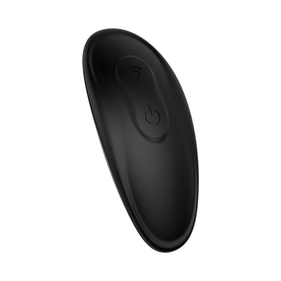 Black wireless remote control with power and signal buttons for vibrating ball cradle.