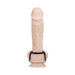 Black silicone vibrating ball cradle displayed on a realistic flesh-toned dildo with suction base.