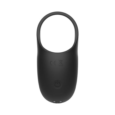 Black silicone vibrating ball cradle with dual rings and power button on front surface.