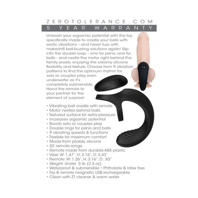 Black silicone vibrating ball cradle with remote control shown alongside a flesh-toned model for fit demonstration and product features text.