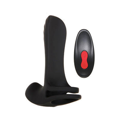 Black rechargeable vibrating girth enhancer with dual stretchy loops and a compact remote control with red button.