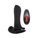 Black rechargeable vibrating girth enhancer with dual stretchy loops and a compact remote control with red button.