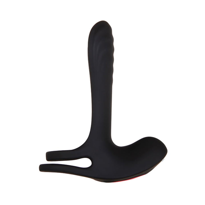 Black rechargeable vibrating girth enhancer with dual stretchy loops and textured shaft for added stimulation.
