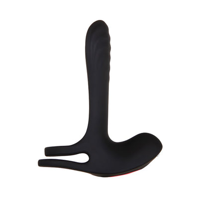 Black rechargeable vibrating girth enhancer with dual stretchy loops and textured shaft for added stimulation.