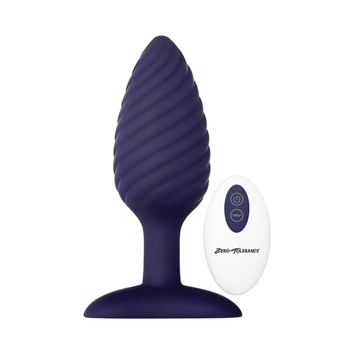 Dark purple swirled silicone vibrating butt plug with wide base and white remote control with two buttons.