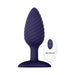 Dark purple swirled silicone vibrating butt plug with wide base and white remote control with two buttons.