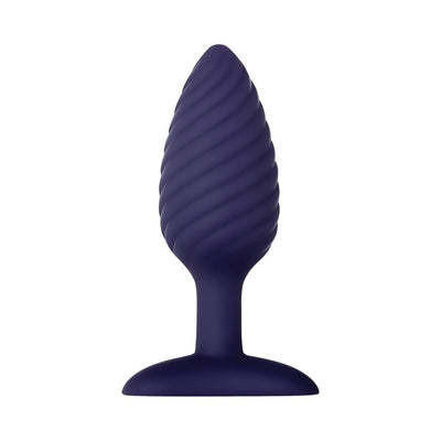 Dark purple silicone butt plug with twisted texture and wide base for safe, comfortable use.