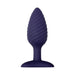 Dark purple silicone butt plug with twisted texture and wide base for safe, comfortable use.