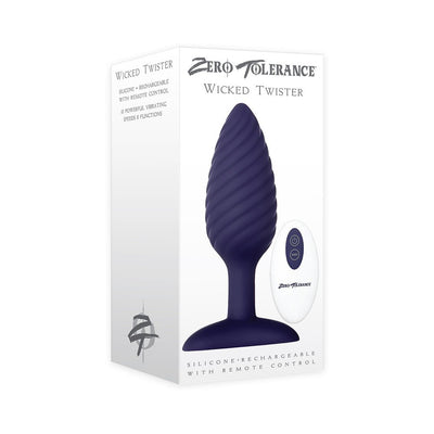 ZT Wicked Twister vibrating silicone butt plug with remote control in dark purple, shown on product packaging.