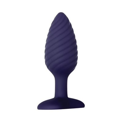 Dark purple silicone butt plug with twisted texture and wide safety base, designed for comfortable and secure use.