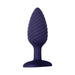 Dark purple silicone butt plug with twisted texture and wide safety base, designed for comfortable and secure use.