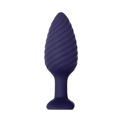 Dark purple silicone butt plug with twisted texture and wide base for safe, comfortable use.