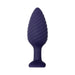 Dark purple silicone butt plug with twisted texture and wide base for safe, comfortable use.