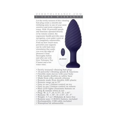 Purple swirly textured vibrating plug with ergonomic handle and white remote control with two buttons.