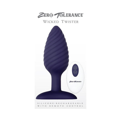 Dark purple silicone textured butt plug with ergonomic base and white oval remote control with two buttons.
