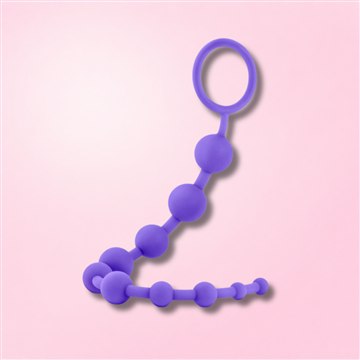 Black silicone anal beads with graduated sizes and dual finger loop handle for easy control and comfort.