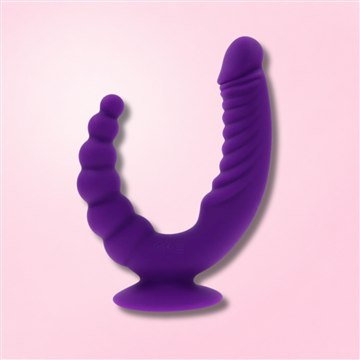 Black multi-function double penetration dildo with textured and rabbit-style attachments and ergonomic handle.