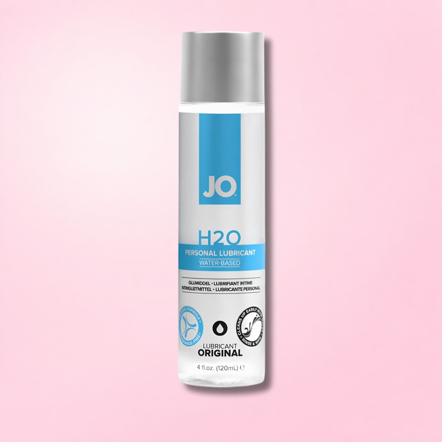 Two clear bottles of water-based lubricant with black caps, labeled toy friendly, easy cleanup, pH balanced, and condom safe.