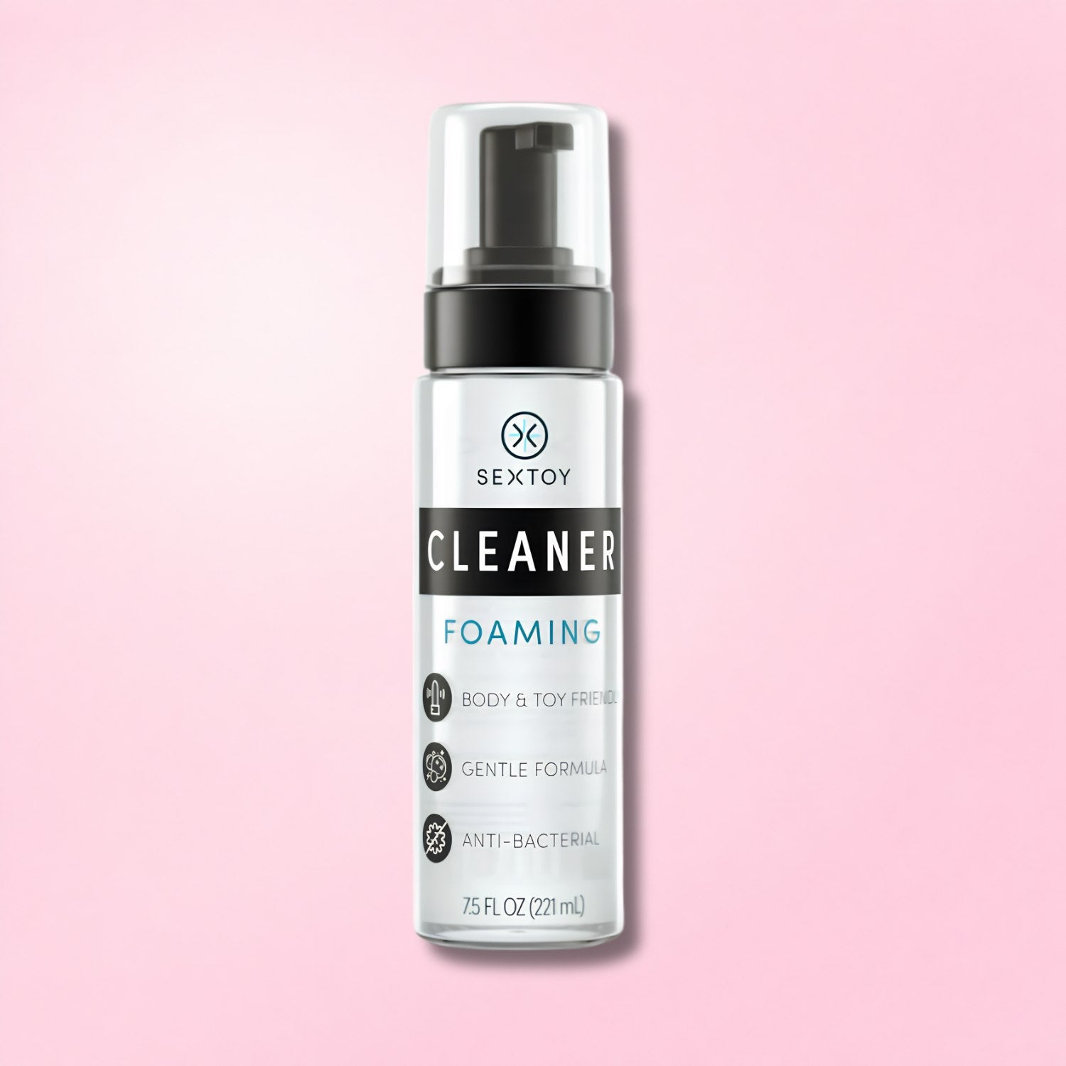 Clear spray bottle of toy cleaner and black lockable storage case for adult products on neutral background