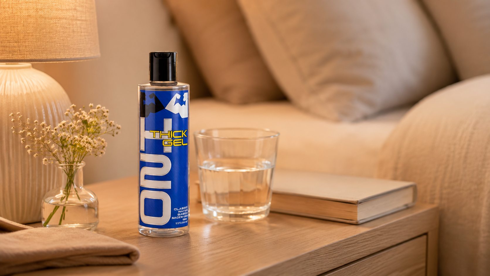 H2O Thick Gel lubricant on a bedside table with a lamp and glass of water
