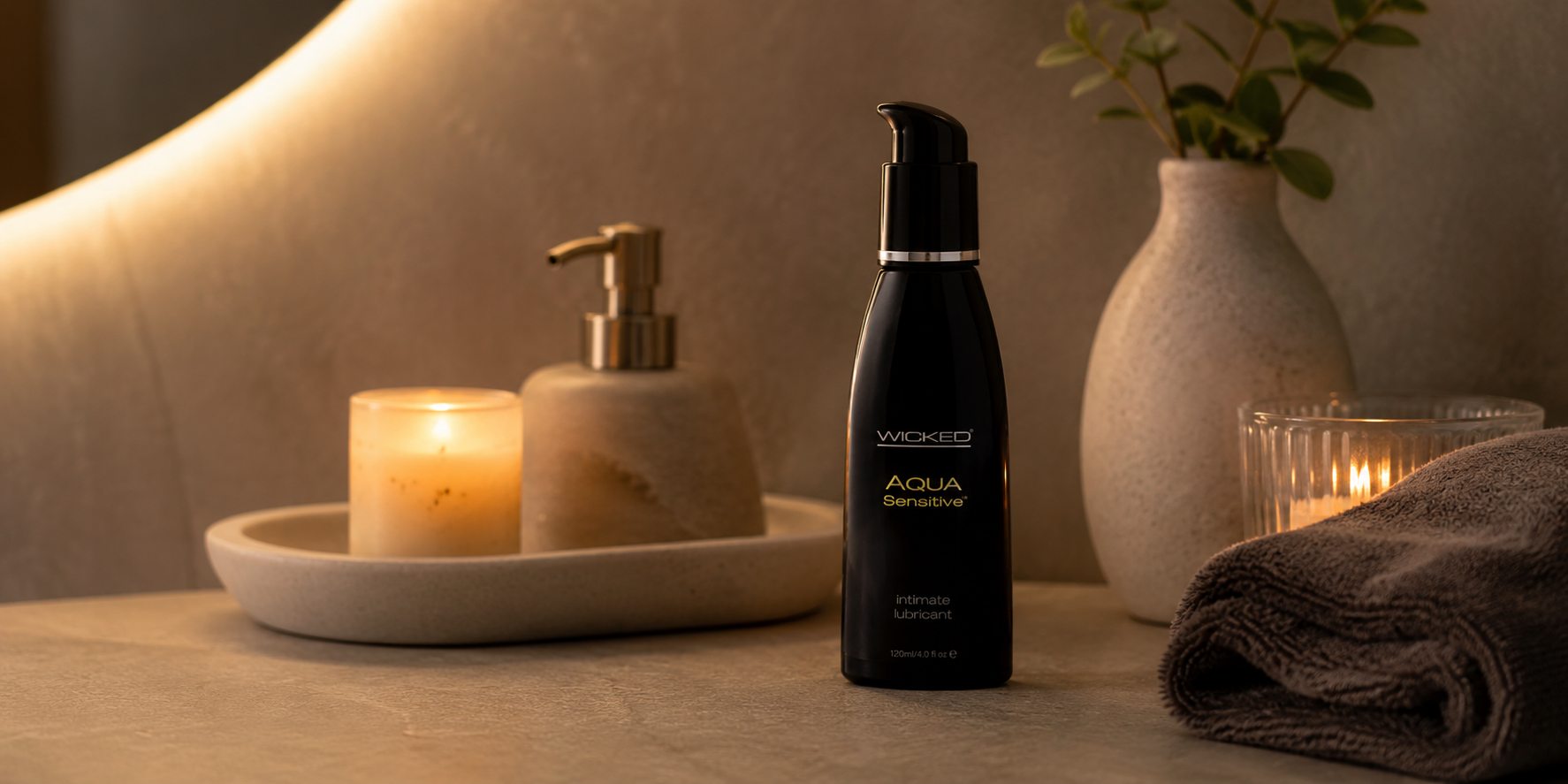 Wicked Aqua Sensitive lubricant on a bathroom counter with a candle and folded towel