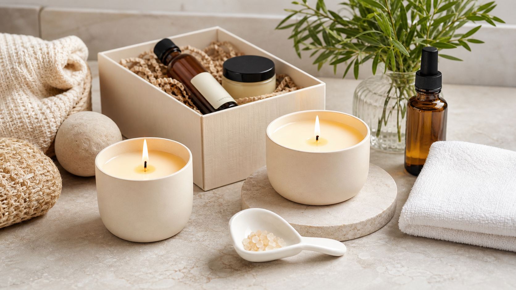 Massage candles arranged on a stone counter