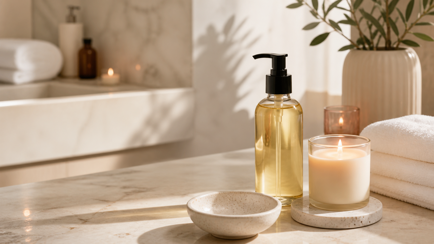 Massage oil and candle arranged on a bright bathroom counter with towels