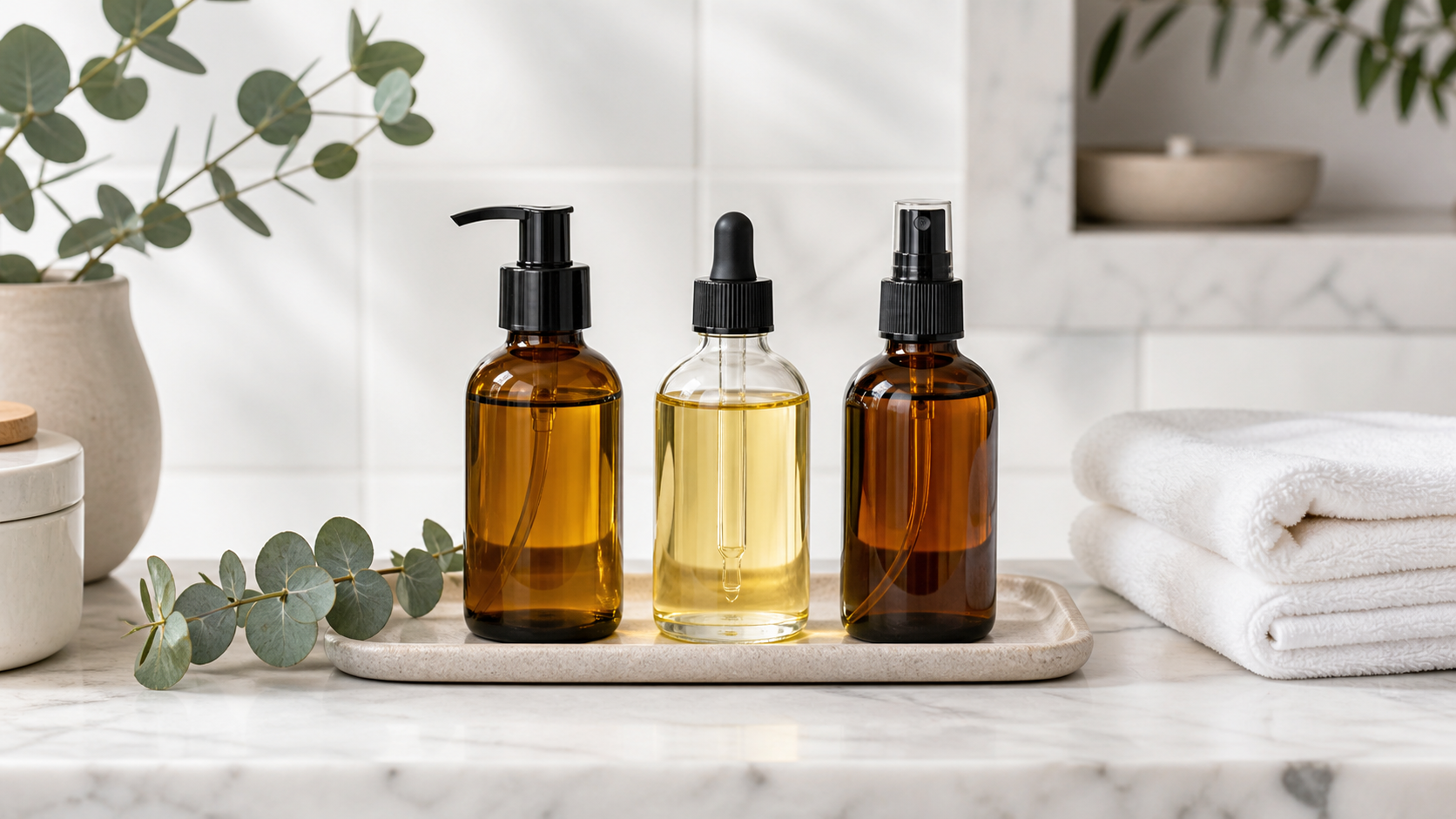 Massage oils on a bathroom tray with towels