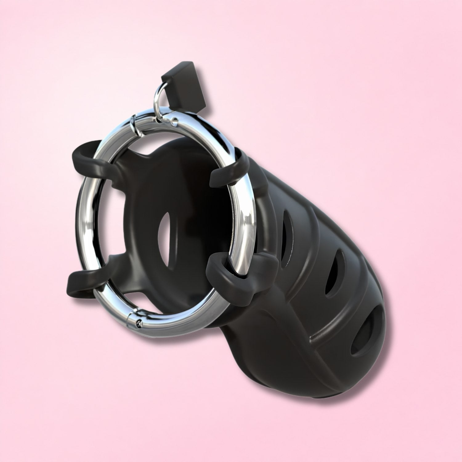 Clear plastic chastity cage with a small lock and a pink adjustable belt with metal plate on red textured background.