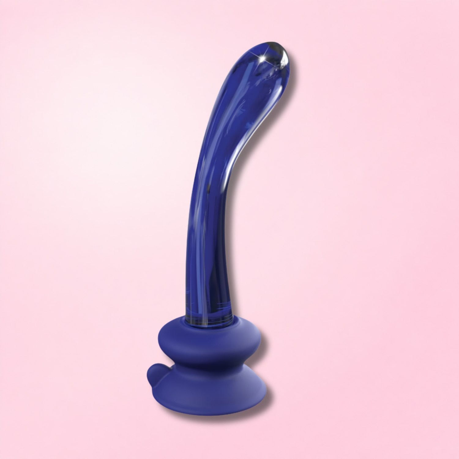 Hand holding a sleek, curved black G-spot dildo with textured grip against a blue background.