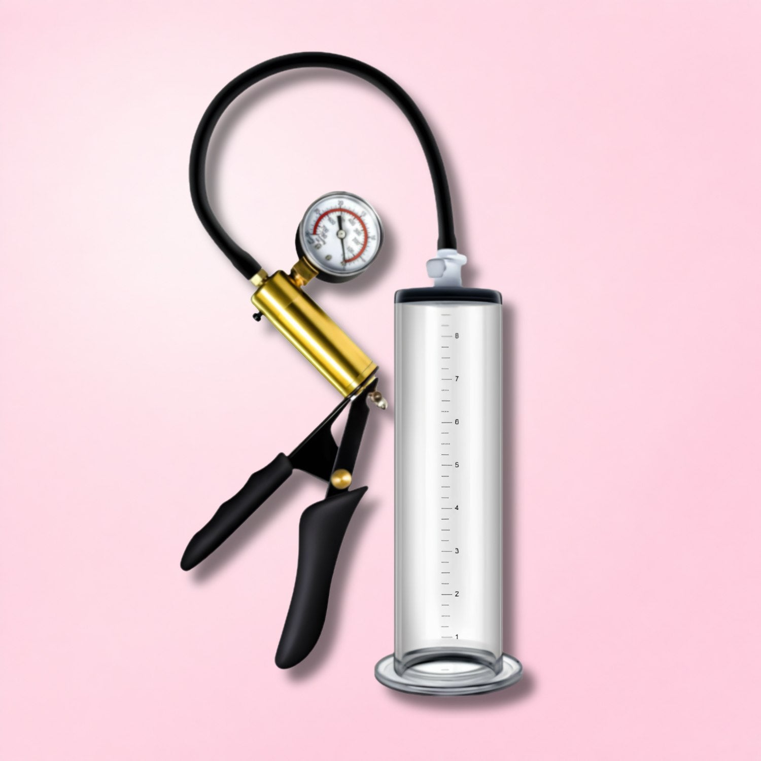 Transparent brown penis pump with manual hand bulb and flexible hose on a light background.