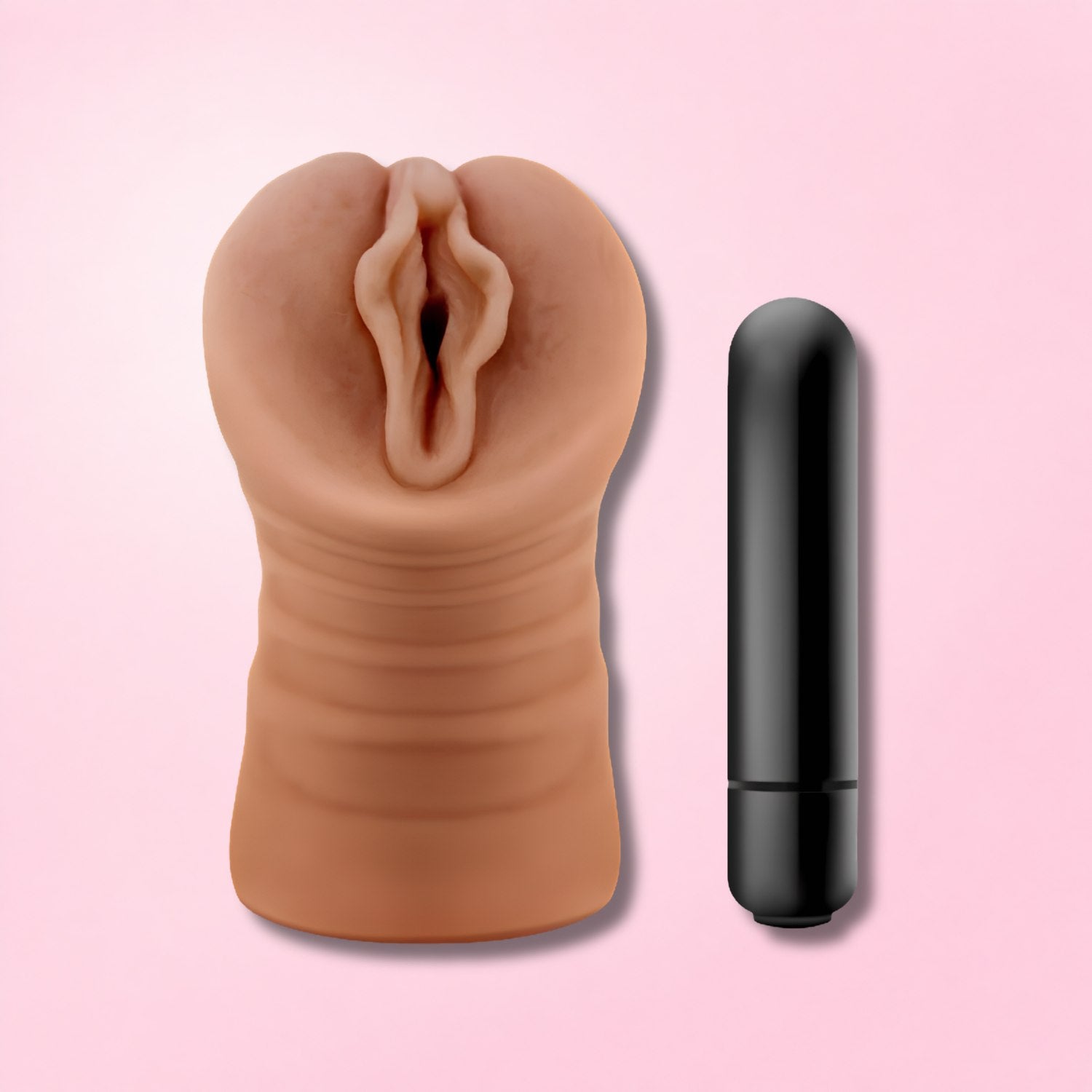 Two realistic pocket pussies in different skin tones with discreet black casing on a light background.