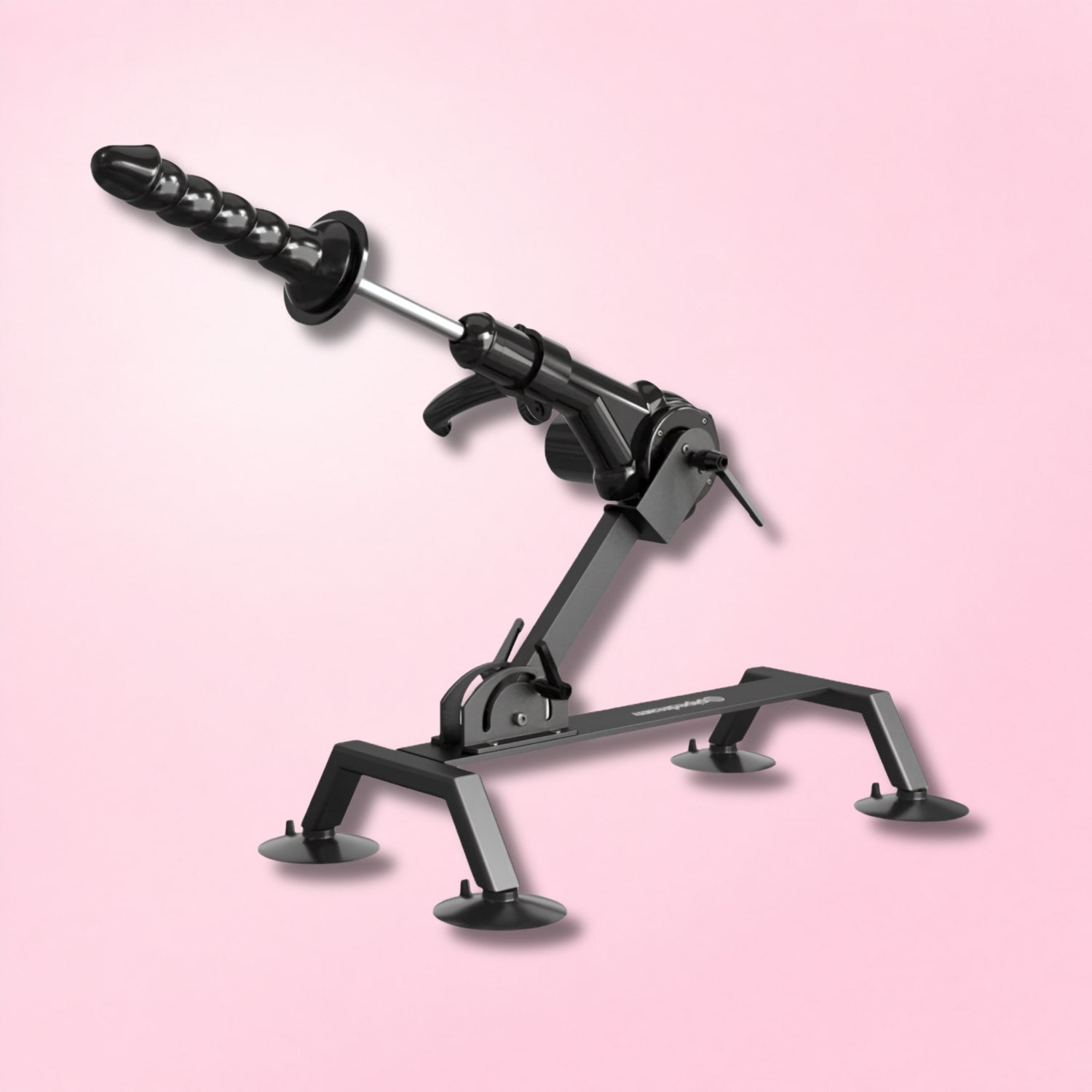 Black hands-free thrusting sex machine with suction cup base on red textured background.