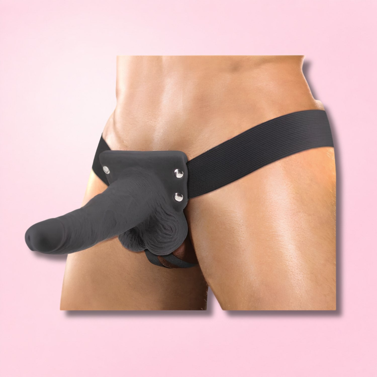 Adjustable black strap-on harness with realistic flesh-toned dildo on white mannequin against teal background.