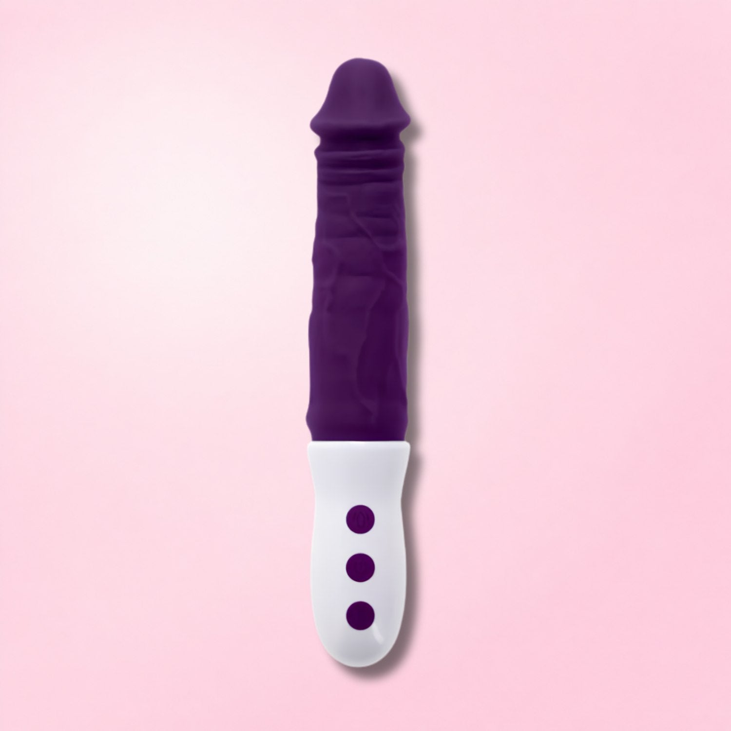 Adjustable length maroon thrusting vibrator with ribbed midsection and ergonomic handle on gradient background.